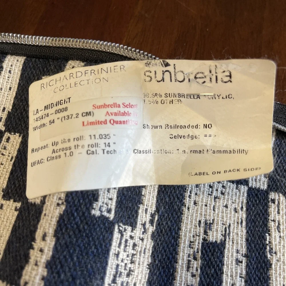 Sunbrella Pillow Cushion Cover Indoor Outdoor Richard Frinier Fabric Sample Navy